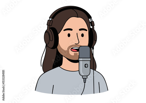Podcast Host Illustration  Man with Headphones and Microphone, Engaging in Audio Recording or Broadcasting