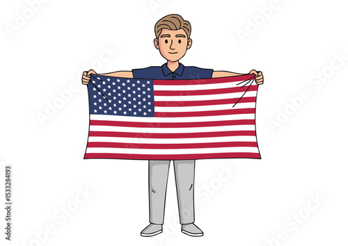 Young woman and child smiling, holding the USA flag with pride