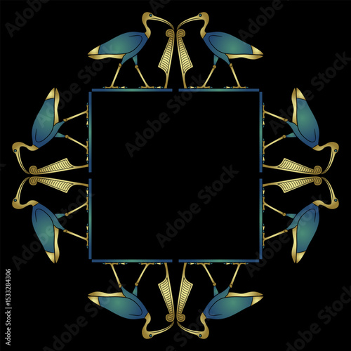 Geometrical square ethnic frame design with sacred ibises. Ancient Egyptian god Thoth as sacred bird holding Maat feather.