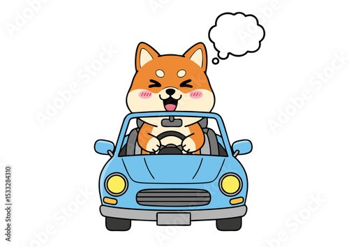Adorable Shiba Inu Driving a Cute Blue Convertible Car Illustration