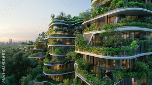 Futuristic eco-friendly buildings with greenery-covered structures, seamlessly blending with natural surroundings. 