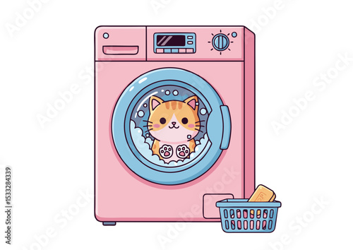 Adorable Kitten in a Pink Washing Machine Cute Laundry Day Illustration