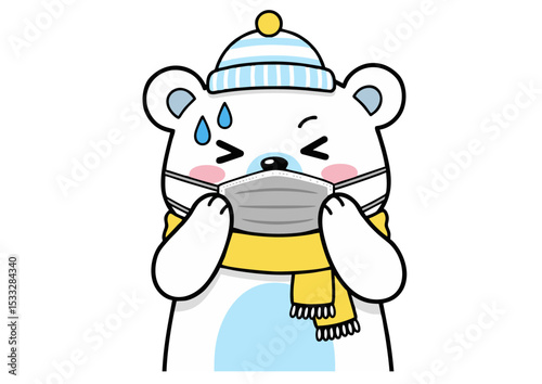 Adorable Polar Bear Wearing a Mask and Winter Hat Feeling Uncomfortable in the Cold