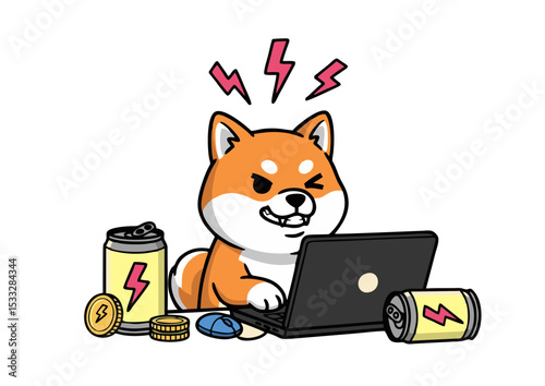 Energetic Shiba Inu Working on Laptop, surrounded by Energy Drinks and Coins