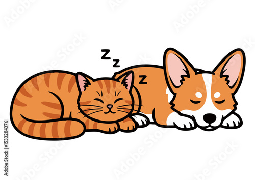 Adorable Sleeping Cat and Corgi Illustration Best Friends Napping Together