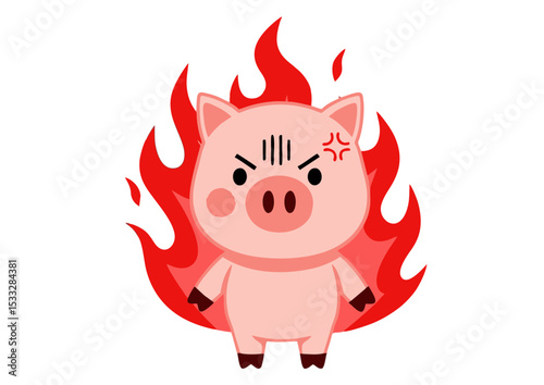 Angry Pig on Fire Cartoon Illustration of Furious Swine in Flames