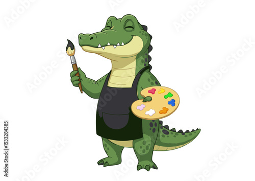 Adorable Artist Alligator Cartoon Crocodile Painter with Palette and Brush