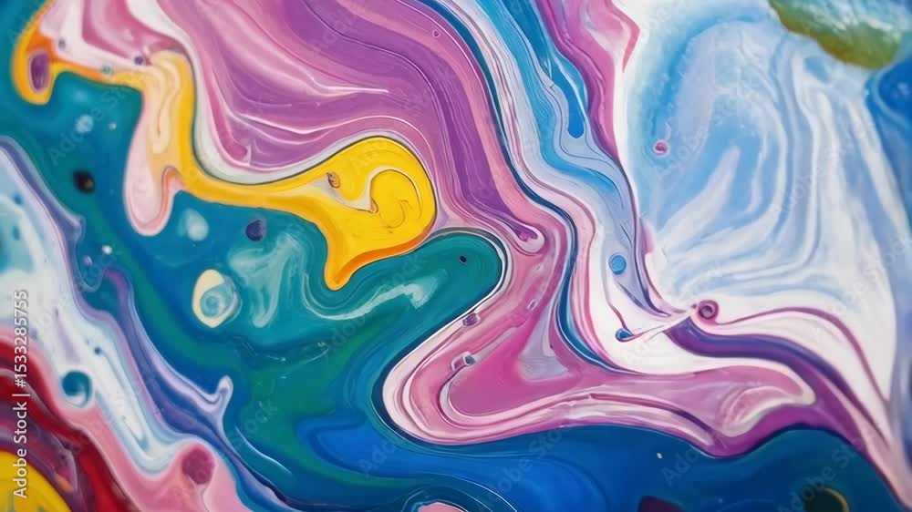Abstract colorful fluid art painting with vibrant flowing shapes, acrylic pour technique creating swirling patterns and smooth textures
