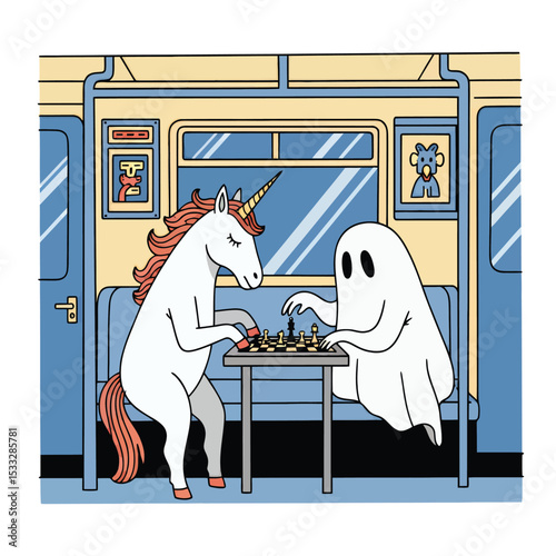 A whimsical illustration of a unicorn and a ghost playing chess on a subway train.