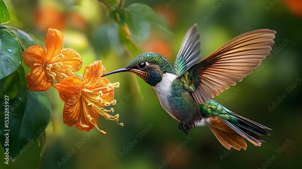 Fototapeta premium A hummingbird hovers near vibrant orange flowers.
