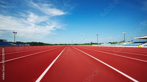 Bright clear day on red running track with lanes under a blue sky. Sport stadium for competition and athletic events.