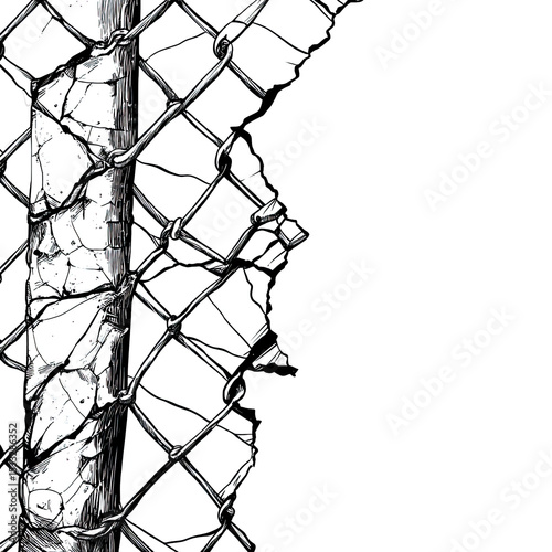 A grayscale close-up of a damaged chain-link fence