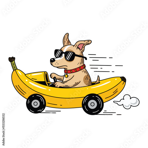 A cool dog wearing sunglasses drives a banana car with speed lines.
