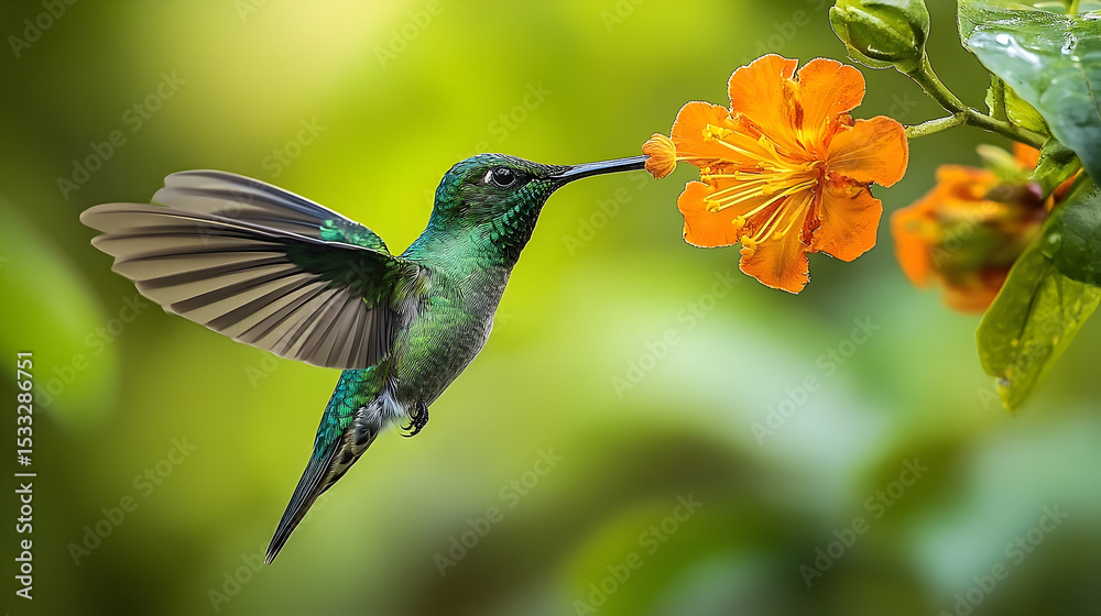 Fototapeta premium A hummingbird in flight, feeding on a vibrant orange flower.