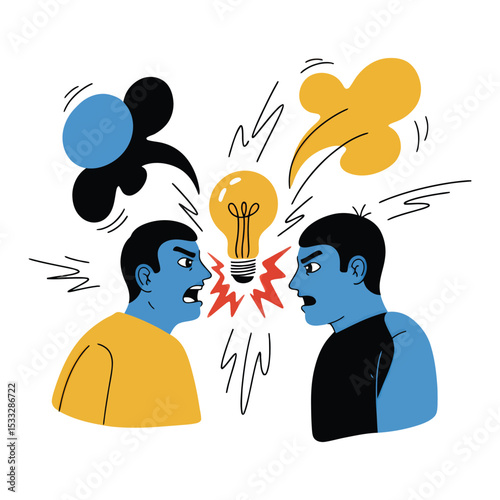 Two men arguing face-to-face with a lightbulb between them, surrounded by thought bubbles and lightning.