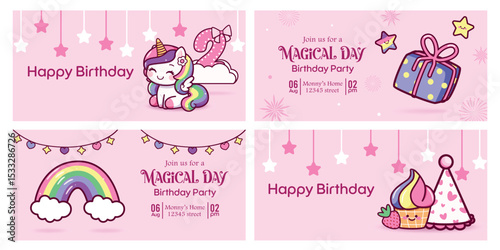 Birthday girl invitation card clipart banner set. 2nd birthday invitation card clip art with magical unicorn party theme in pink background banner template collection vector illustration.

