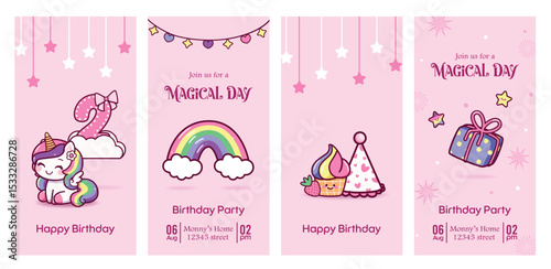Birthday girl invitation card clipart poster set. 2nd birthday invitation card clip art with magical unicorn party theme in pink background template collection vector illustration.
