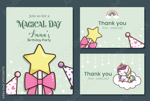 Birthday invitation card clipart poster set. Birthday girl invitation card and thank you tags clip art with magic wand and party hat in elegant green background unicorn party theme collection vector 