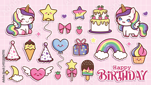Birthday elements sticker clipart set. Happy birthday text, unicorn character, cake, ice cream, party hat, gift box, cake and rainbow magical elements in pink grid lines background party sticker clip 