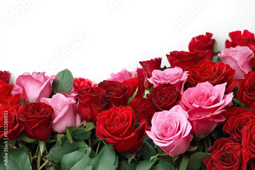 Fresh red and pink roses border isolated on white background