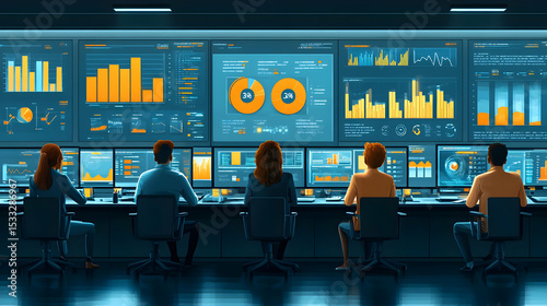 Digital Business Intelligence Illustration: Data Analysts Monitoring Financial Performance