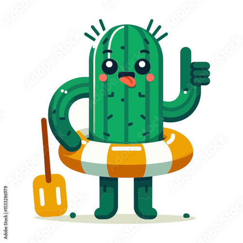 This quirky cactus in a swim ring can be used by websites and blogs for summer themes, vacation promotions, desert-related content, or playful educational materials.