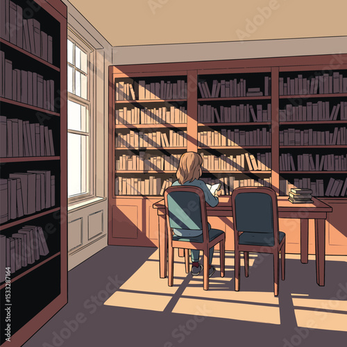 A person sits at a desk in a library, reading a book in the sunlight.