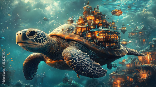 Fototapeta Naklejka Na Ścianę i Meble -  Underwater city carried by a large sea turtle.