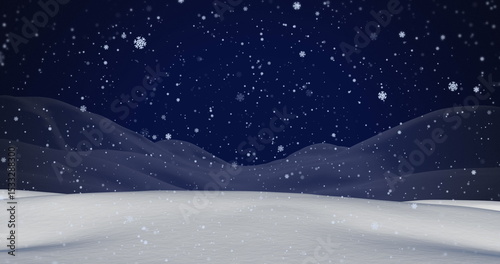 Snow-covered landscape spreading across nighttime field, with rolling hills and falling snowflakes © vectorfusionart