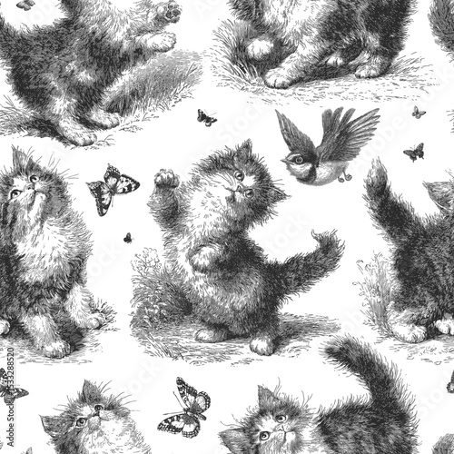 Seamless vector pattern with funny kittens playing. Vintage ink drawn style illustration.
