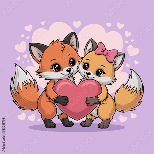 Foxes holding a heart with love text