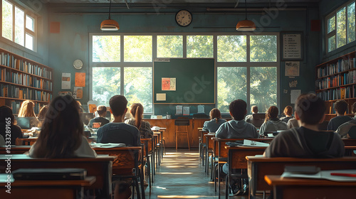 Sunlit Classroom Illustration: Students Attentively Listening in a Bright and Airy Schoolroom