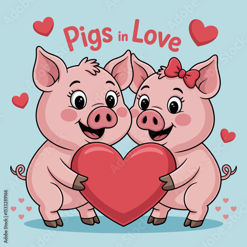 Adorable Pigs in Love with Heart and Stars