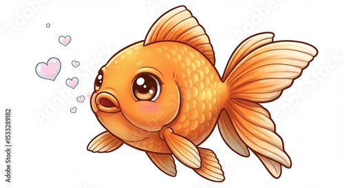Adorable cartoon goldfish lovingly blows hearts soft light. AI Generated