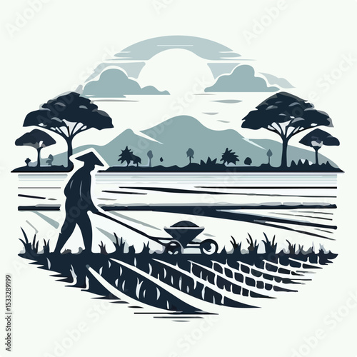 A farmer is plowing a rice field with a simple and minimalist flat design using a white background.