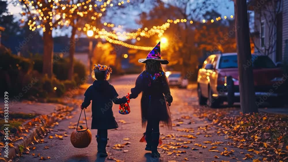 custom made wallpaper toronto digitalTwo children in costumes walking on street for Halloween. Holiday trick or treat with pumpkin. Halloween celebration.