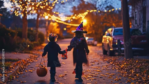 Two children in costumes walking on street for Halloween. Holiday trick or treat with pumpkin. Halloween celebration.