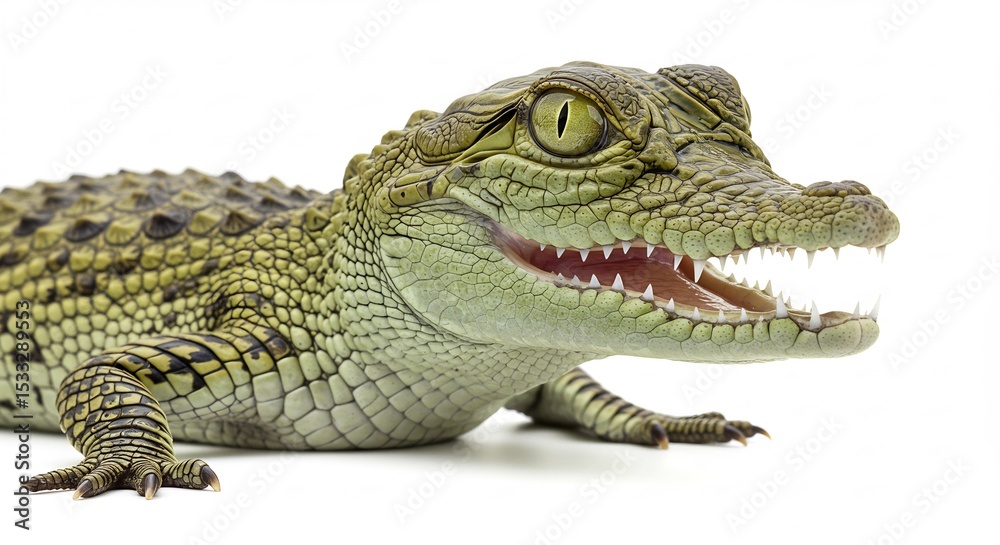 Naklejka premium Cute baby crocodile shows sharp teeth brightly lit against white background. AI Generated