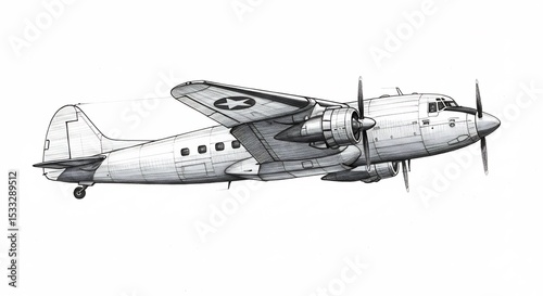 Detailed pencil sketch vintage military transport plane. AI Generated
