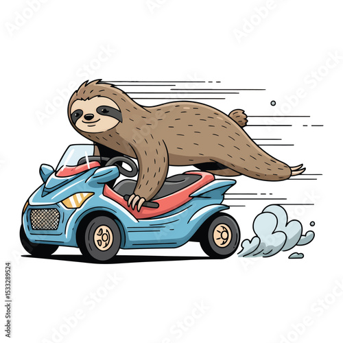A cartoon sloth is riding a blue and red ATV, moving fast with a trail of smoke behind it.