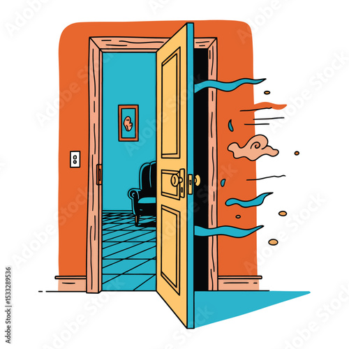 A partially open door reveals a blue room with a chair, while wind blows in.