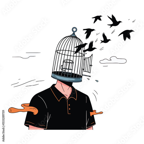Conceptual illustration of a person with a birdcage over their head, birds flying out, and broken restraints.