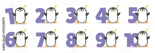 Numbers and cute penguin character vector set. Beautiful elements for Kids Birthday Party invitation, greeting card, poster, event, prints and cake toppers design