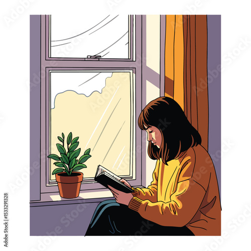 A young woman absorbed in reading a book by a window, with a potted plant.