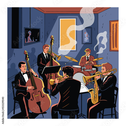 A jazz ensemble performs in a dimly lit, smoke-filled room, playing instruments.
