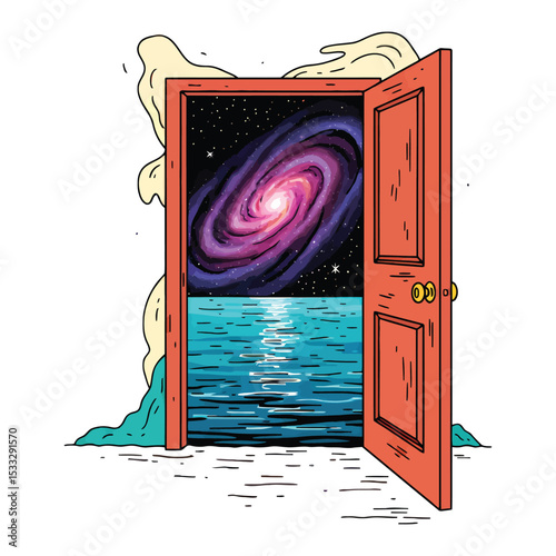 An open door reveals a galaxy above a calm sea, with surreal elements and vibrant colors.