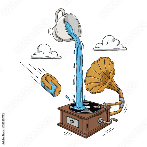 Water pours from a tilted cup onto a gramophone, with clouds and a floating object in the background.
