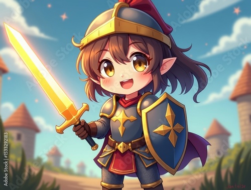 Close-up of a chibi knight with a small shield and a bright sword, wearing a detailed medieval outfit, cheerful expression, anime style, fantasy theme, soft glowing effects