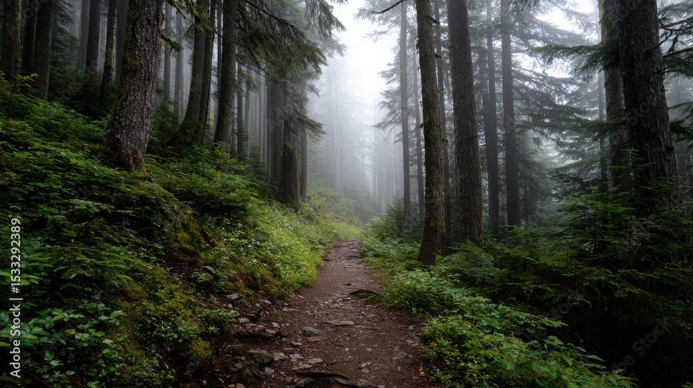 Fototapeta premium A forest path is shown in the rain, with trees on either side