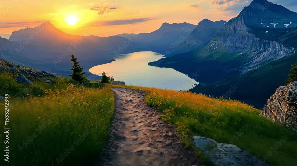 Scenic mountain landscape view with hiking trail overlooking lake at sunset, idyllic nature background.